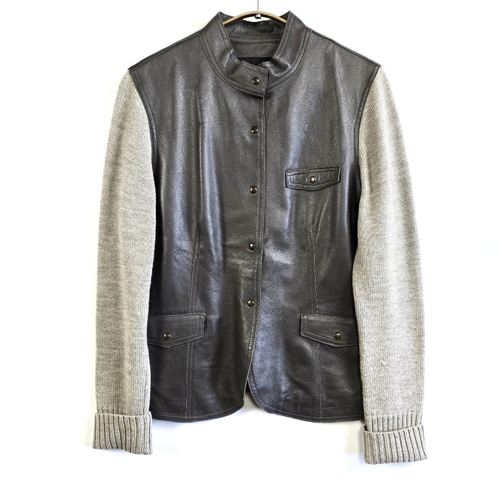 Jones New York Leather Sweater Wool Jacket Grey Size 10